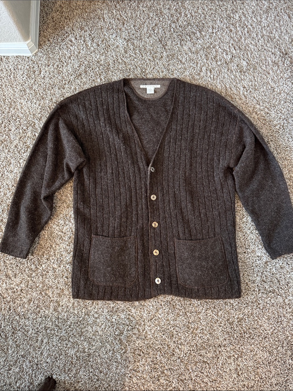 Perry Ellis Chocolate Brown Alpaca Wool Ribbed V-Neck Button Cardigan | Size M